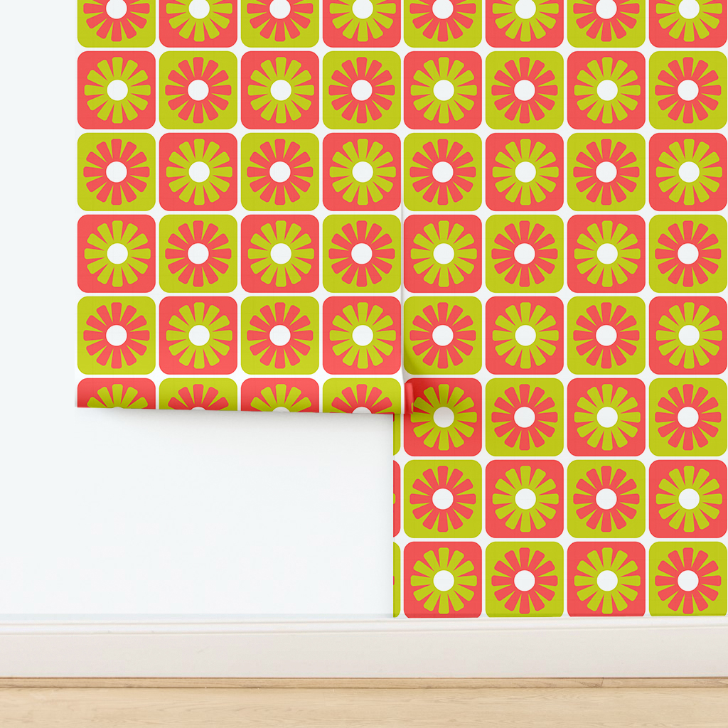 An abstract composition featuring irregular, rounded shapes in vibrant colors. The main colors include bright green, lime green, turquoise, and dark blue, all separated by white, jagged outlines. The shapes overlap and intersect dynamically, forming an energetic and playful pattern. The overall texture has a fabric-like appearance with subtle horizontal and vertical lines running through the colors.